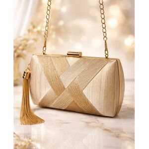 Champagne Gold Hardcase Clutch Evening Bag Small Formal Purse w Chain Strap